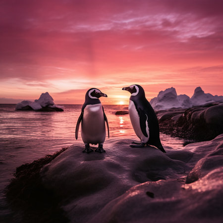 A Beautiful Sunset with Two Penguins Standing on a Snowy Rock, AI Generatedの素材