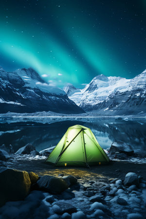 Green Tent on a Frozen Lake with Aurora Borealis and Mountain View (AI Generated)の素材