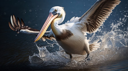 A Pelican in Flight: Soaring Above the Ocean with Wings Spread Wide, AI Generatedの素材