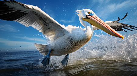 A Pelican in Flight: Soaring Above the Ocean with Wings Spread Wide, AI Generatedの素材