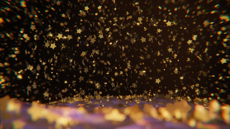 Dreamy and Festive Mood with Shining Gold Stars on Dark - Snow Globe Water Globe Like Particles Movement, 3D renderingの写真素材