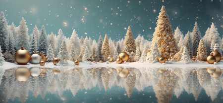 3d illustration of christmas background with snow covered trees and ballsの素材