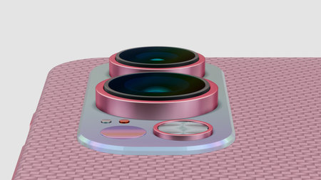 Pink gold smartphone cameras close up with metallic finish, futuristic 3D renderingの写真素材