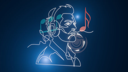 Music man head with headphones, in the style of one line light painting with music notes, 3D...
