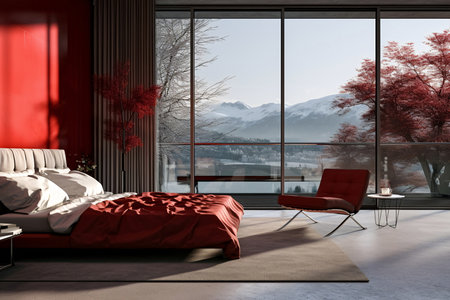 Cozy and Luxurious Bedroom in Red and White with a Nature Landscape, AI Generatedの素材