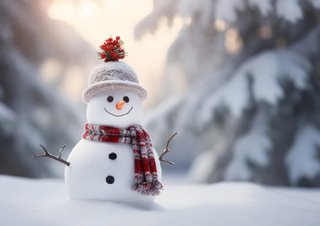 Winter wonderland with festive snowman with hat and scarf, sunset, AI Generatedの素材