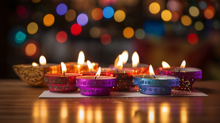 Traditional Diwali Candles and Colorful Lights on Wooden Table. AI Generatedの素材