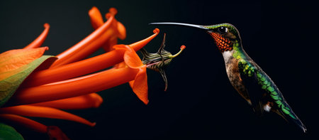 Hovering Hummingbird and Orange Flowers Contrast on Dark Backdrop AI Generatedの素材