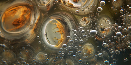 Futuristic cell structure under microscope, glowing particles and bubbles, AI generatedの素材