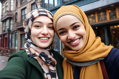 Smiling Selfie of Young Muslim Women in Hijabs, AI Generatedの素材