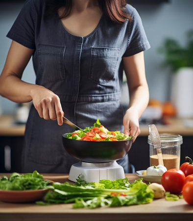 Woman preparing a fresh salad in a modern kitchen, AI Generatedの素材