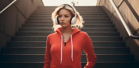 Red-hooded woman with headphones ascending stairs, AI Generatedの素材