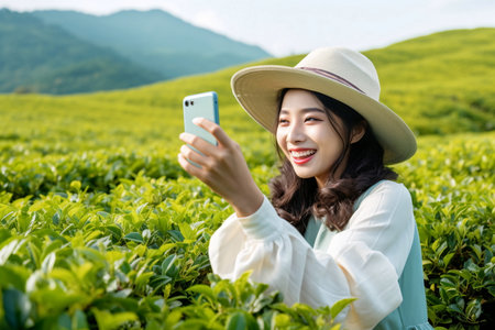 Woman in hat and coat posing for selfie in tea field, AI Generatedの素材