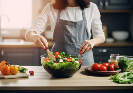 Woman preparing a fresh salad in a modern kitchen, AI Generatedの素材