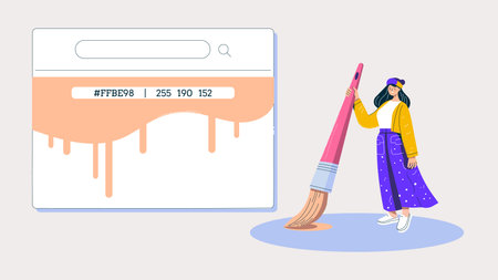 Woman Web designer visualizing a vibrant search concept with a large brush, color of the year, Peach Fuzz with RGB and Hex valuesのイラスト素材