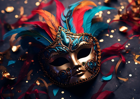 Beautiful Carnival Mask with Feathers and Gold Decoration, AI Generatedの素材