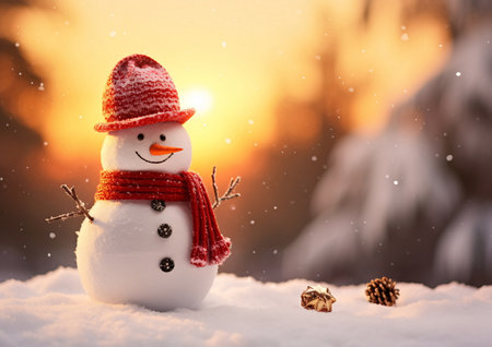 Snowman with a scarf and hat. Winter scene with snow and lights. AI Generatedの素材
