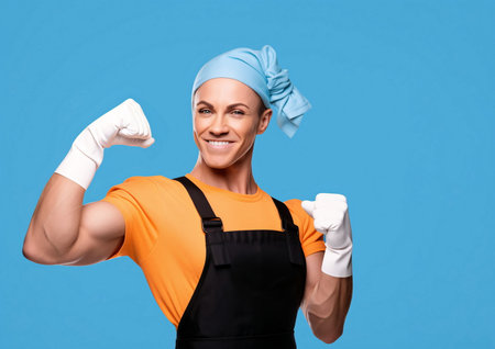 Woman in maid costume and gloves on color background.の素材