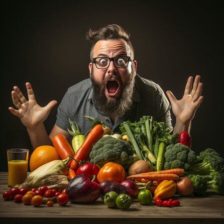 A Guy Social Media Influencer with a Beard and Glasses Making a Funny Face with a Pile of Fruit and Vegetables. AI Generated.の素材