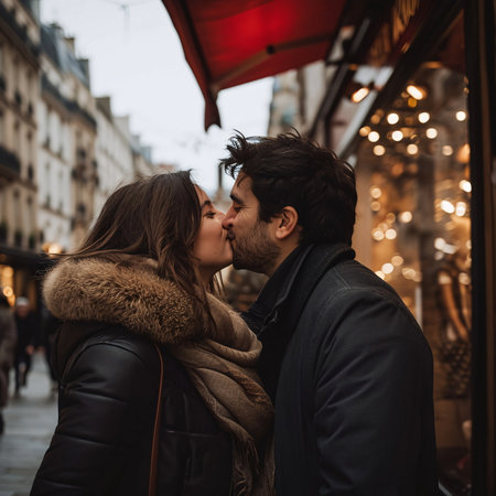 Romantic Moment on a City Street - kiss, AI Generatedの素材