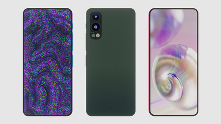 Modern Smartphone Designs, Stylish Camera Modules, Phone Cases and Screens, Set of Three, 3D renderingの写真素材