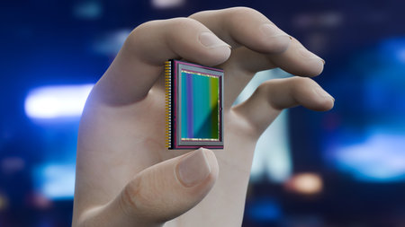 Digital Photography: A Look at a 35mm Camera Sensor. Close-Up of a Hand Holding It. 3D rendering.の写真素材