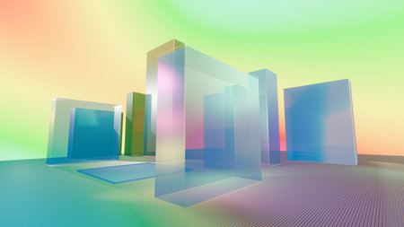 Ethereal Reflections: Iridescent Cubes in a Landscape of Hues and Tones, 3D renderingの写真素材