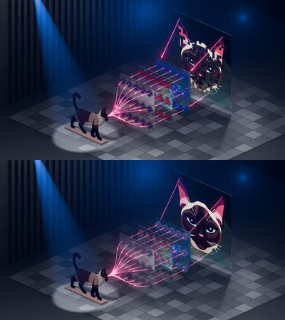 Neural Network Work Principle : Visualization of Image Recognition Process, Convolutional type, Cat and Computer vision, 3D renderingの写真素材