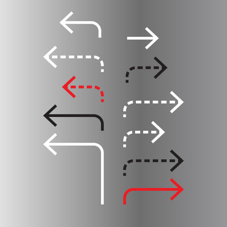 90 Degree Turn - Charting the Course - Set of Diverse Arrows Pointing to Success in Multiple Directions, Solid and Dashed Linesのイラスト素材