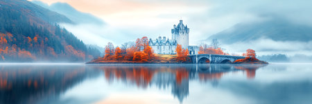 Breathtaking image of a peaceful lake reflecting an ancient castle surrounded by vibrant autumn trees and mist-covered mountains.の素材