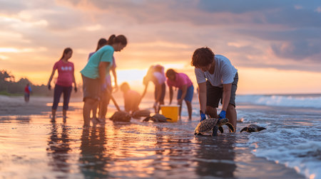 A group of volunteers, both adults and children, releasing baby sea turtles into the ocean at sunset, creating a heartwarming and vibrant scene.の素材