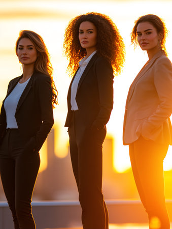 Confident businesswomen standing on a rooftop during sunset, in professional suits, with a cityscape in the background, reflecting determination and empowerment, showcasing modern business fashion.の素材