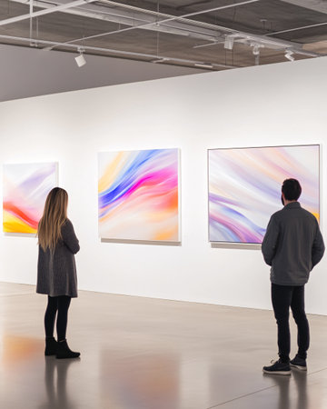 A couple enjoys a quiet moment examining vibrant abstract paintings in a modern art gallery, appreciating the artistic interpretations displayed.の素材