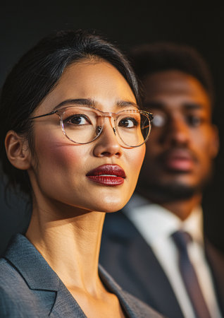 Confident businesswoman with glasses alongside colleague, both in formal attire, attending a corporate event. Focused expressions and professional demeanor, highlighting leadership and teamwork.の素材