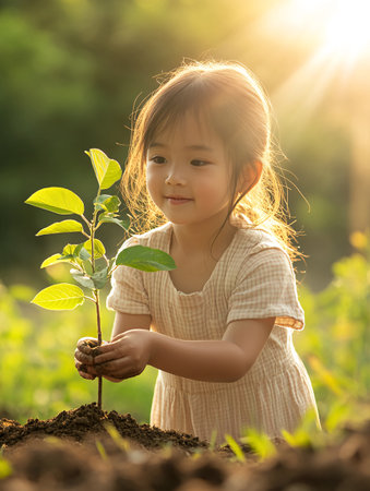 A young girl in her 4-6 years planting a sapling in a sunny garden while smiling, feeling joyous and connected with nature, sustainability promoting and environmental awareness.の素材