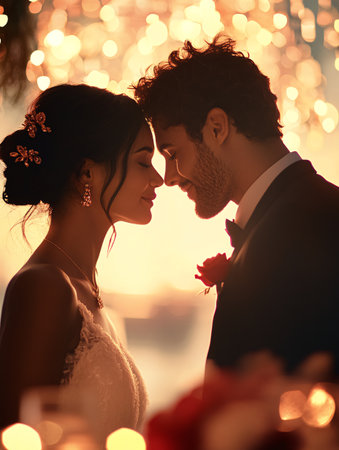 Bride and groom share an intimate moment at sunset, surrounded by warm bokeh lights, creating a romantic atmosphere. Bridal gown and groom's suit emphasized. Emotional and captivating mood.の素材