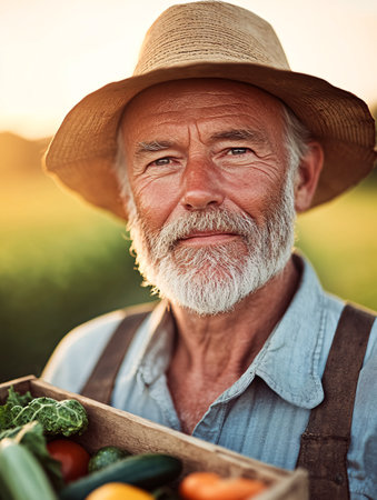 Senior male farmer with a beard carrying a box of freshly harvested vegetables in a sunny countryside field, wearing a straw hat and denim shirt, looking content and proud of his produce.の素材