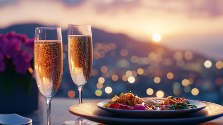 Two glasses of champagne on a table in a restaurant against the background of a beautiful sunsetの素材