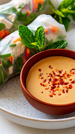 Vegetable spring rolls with chili sauce on white wooden background.の素材