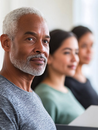Portrait of confident mature man looking at camera with his colleagues in backgroundの素材