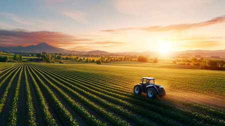 Tractor spraying pesticides on soybean field at sunset, agricultural landscapeの素材
