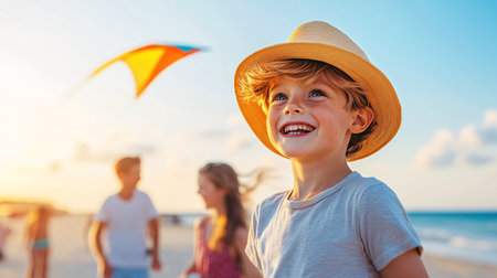 happy little boy with kite on beach during summer vacation at sunsetの素材