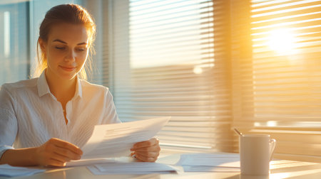 Beautiful young businesswoman working with documents in the office at sunsetの素材