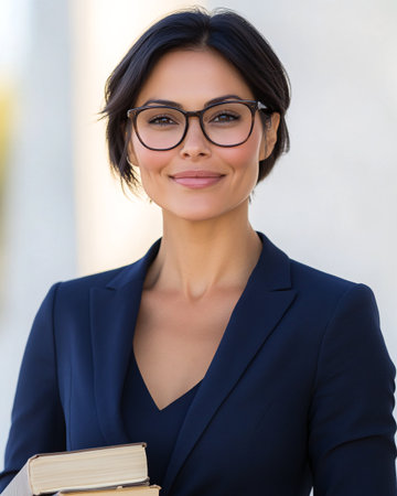 business, education and people concept - smiling businesswoman in eyeglasses with books outdoorsの素材
