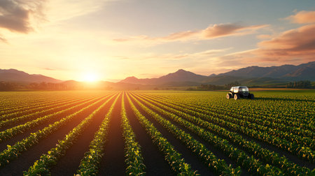 Tractor on the field at sunset. Agricultural landscape with tractor.の素材