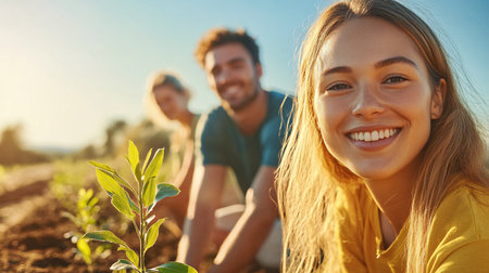 Portrait of happy young people working in the field on a sunny dayの素材