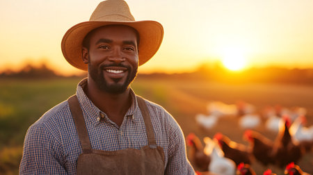 Portrait of happy african-american farmer standing among chickens on farm at sunsetの素材