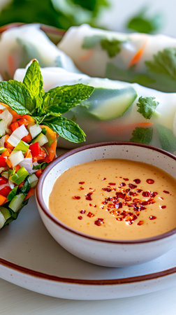 Vegetable salad with dumplings and sauce, selective focusの素材