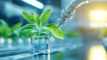 Scientific laboratory research and development concept. Plant growing in test tubeの素材