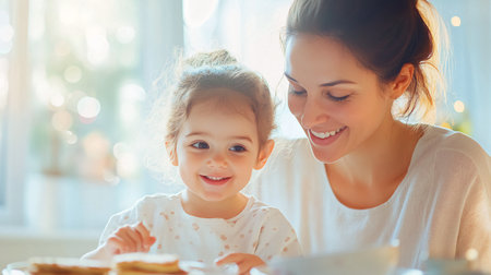 Mother and daughter having breakfast in the morning. Happy family concept.の素材